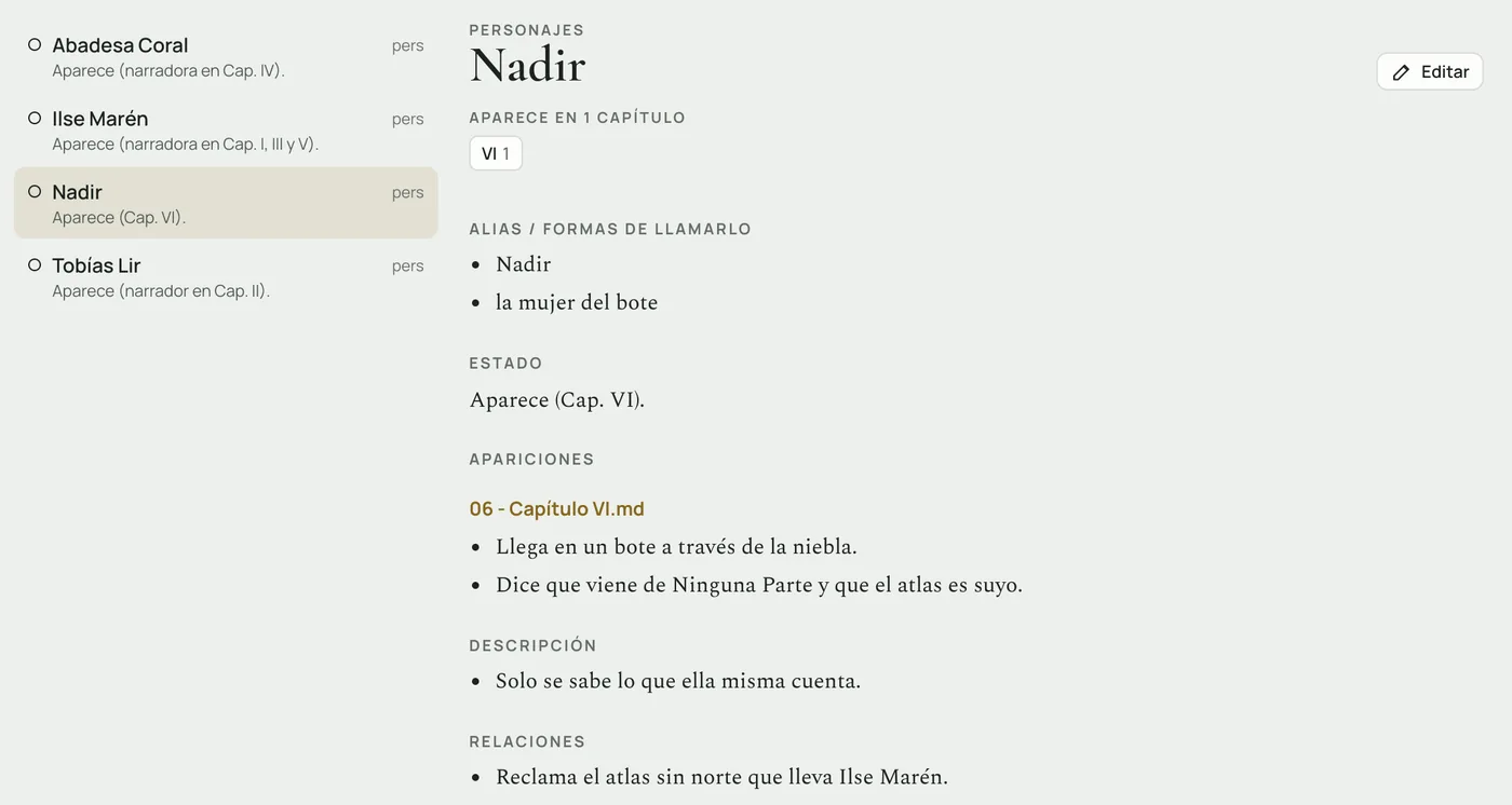 La ficha de Nadir en la wiki de Escaletta: aparece en el capítulo VI, alias, estado y apariciones.