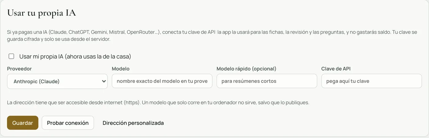 Pantalla de cuenta de Escaletta con la opción de usar tu propia IA: proveedor, modelo y clave.