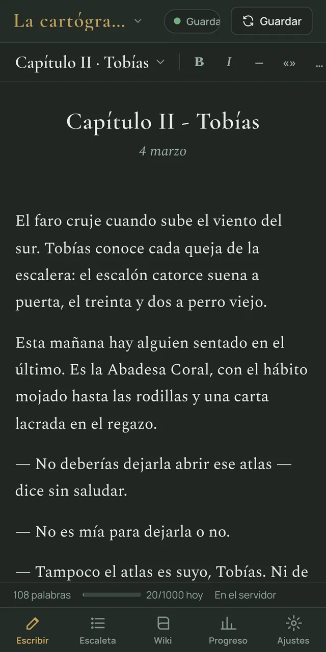El editor en el móvil, en modo oscuro.